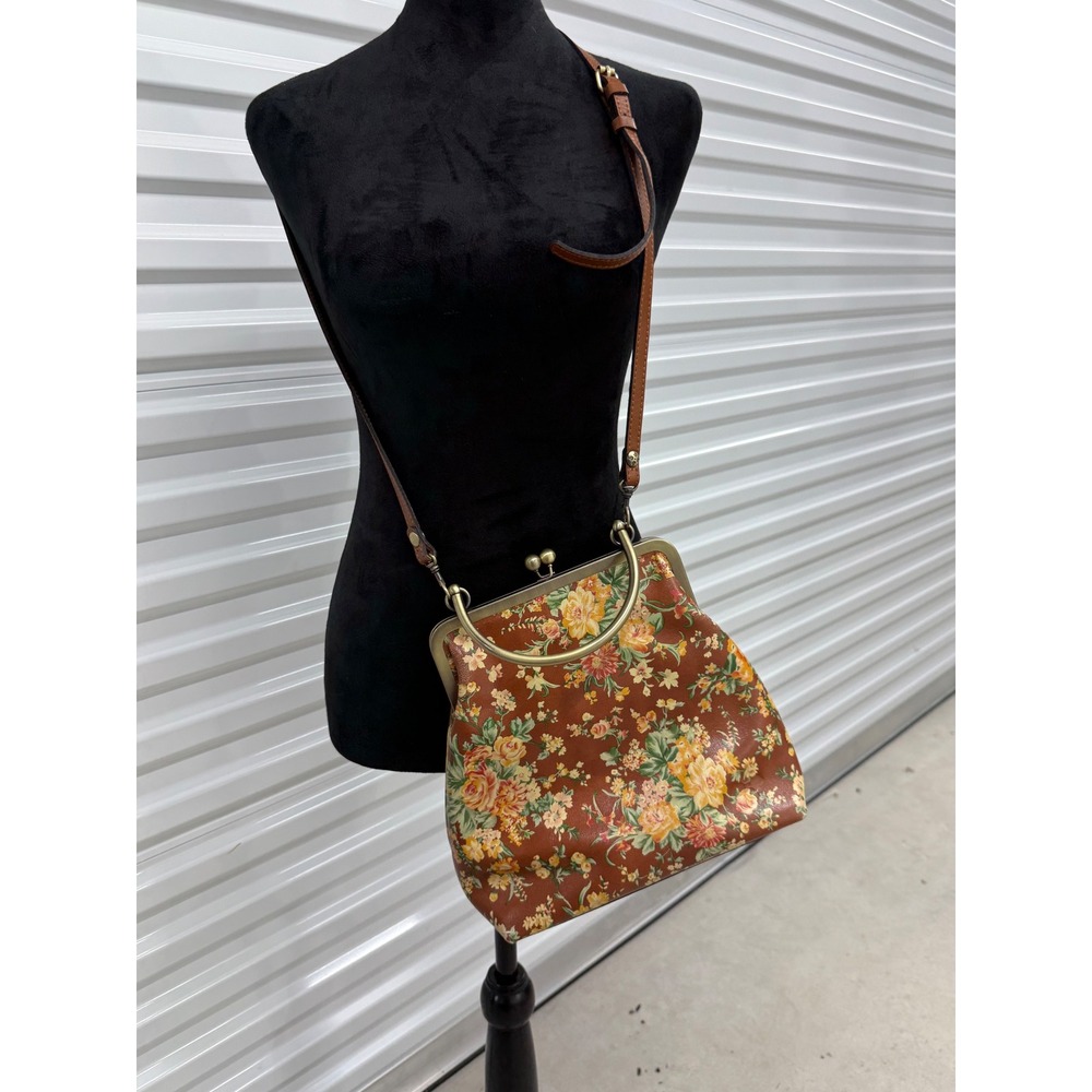 Patricia Nash Floral Leather Crossbody Bag Brown Vintage Kiss Lock Frame Purse